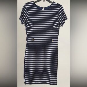 Banana Republic Women’s Dress 10 Blue White Striped Sheath Short Sleeve Stretch